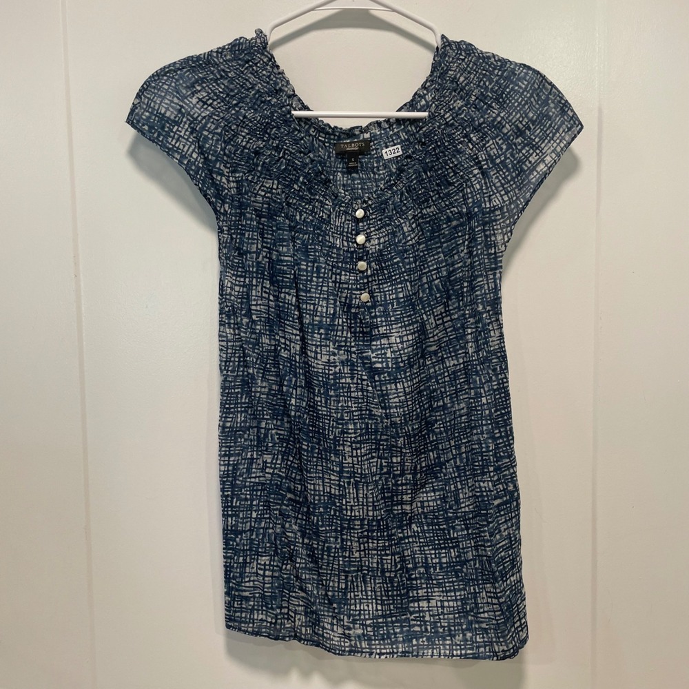 Talbots Blue White Grid Print Smocked Cotton Blouse Cap Sleeve Button Top Small